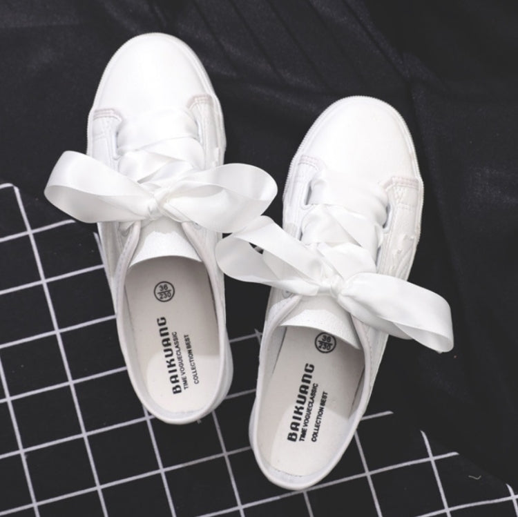 No Heel Ribbon White Shoes Women All-Match Sneakers, Size: 38