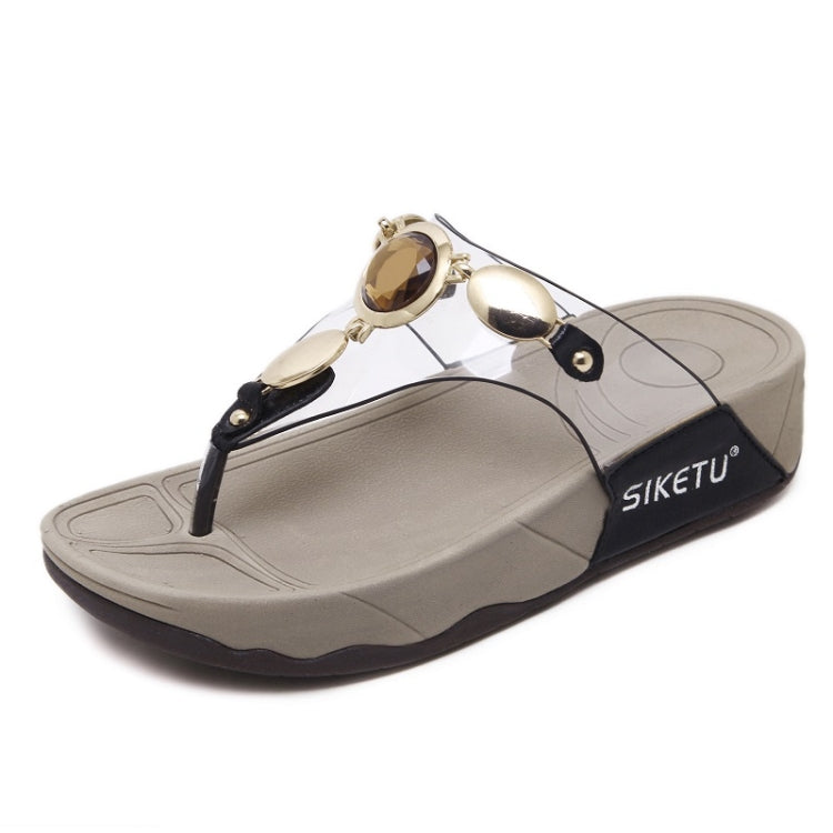 Women Summer Slippers Glass Rhinestones Metal Buckle Flip Flops, Size: 39