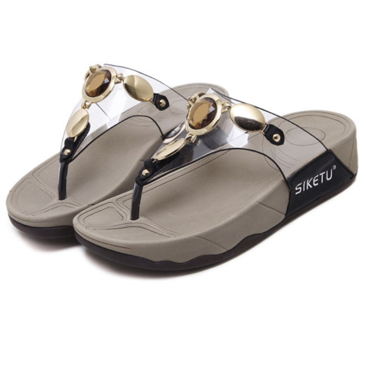 Women Summer Slippers Glass Rhinestones Metal Buckle Flip Flops, Size: 39