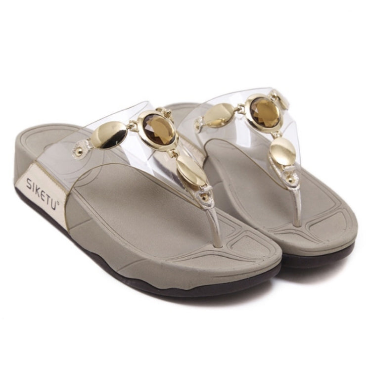 Women Summer Slippers Glass Rhinestones Metal Buckle Flip Flops, Size: 39