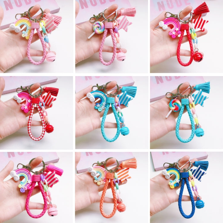 4 PCS Cute Soft Clay Rainbow Keychain Student Schoolbag Lollipop Pendant, Colour: Pink Rope Rainbow