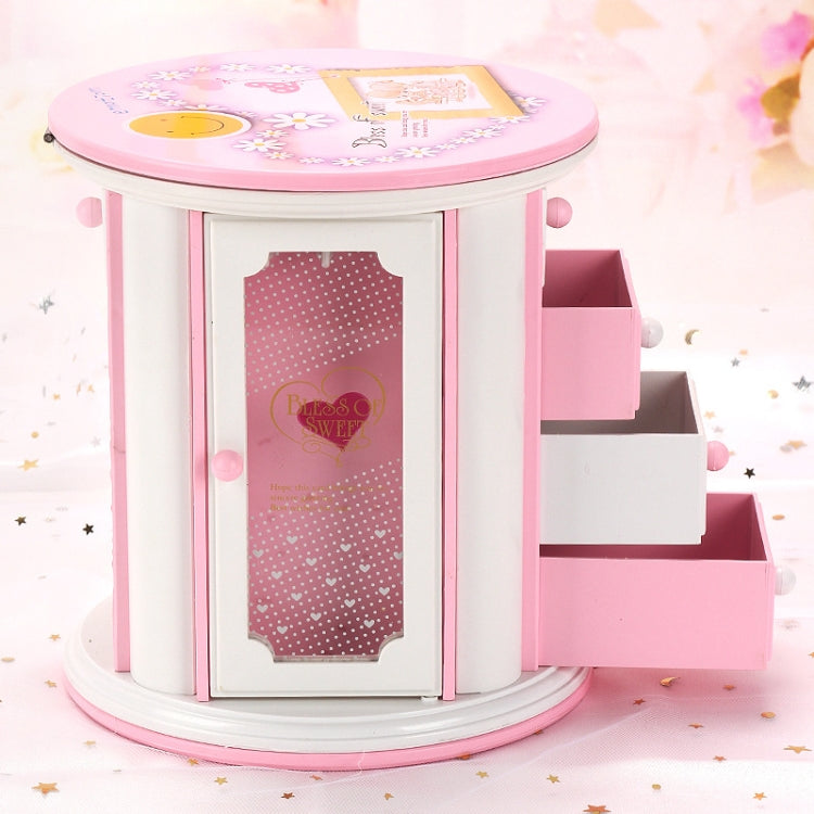 Round Three-Layer Small Drawer Storage Music Box Simple Fresh Jewelry Box Creative Gifts(White Peach Heart)