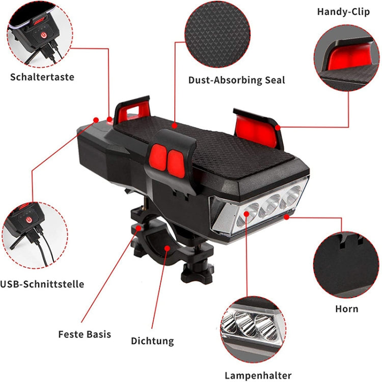 BF-909 Bicycle Headlight With Horn & Mobile Phone Holder 4-In-1 Mountain Bike Light Riding Equipment, Battery Capacity: 2400 mAh (Black)