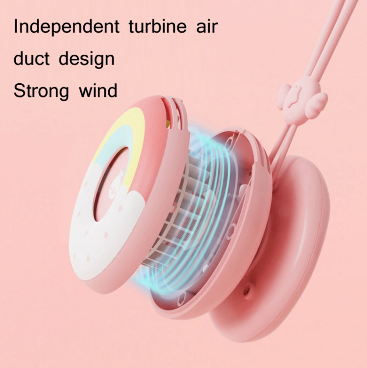 Donut Hanging Neck Fan Cute Leafless Big Wind Power USB Charging Handheld Fan(Rainbow Pink)