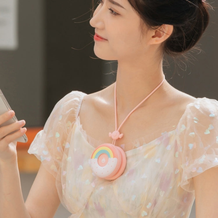 Donut Hanging Neck Fan Cute Leafless Big Wind Power USB Charging Handheld Fan(Rainbow Pink)
