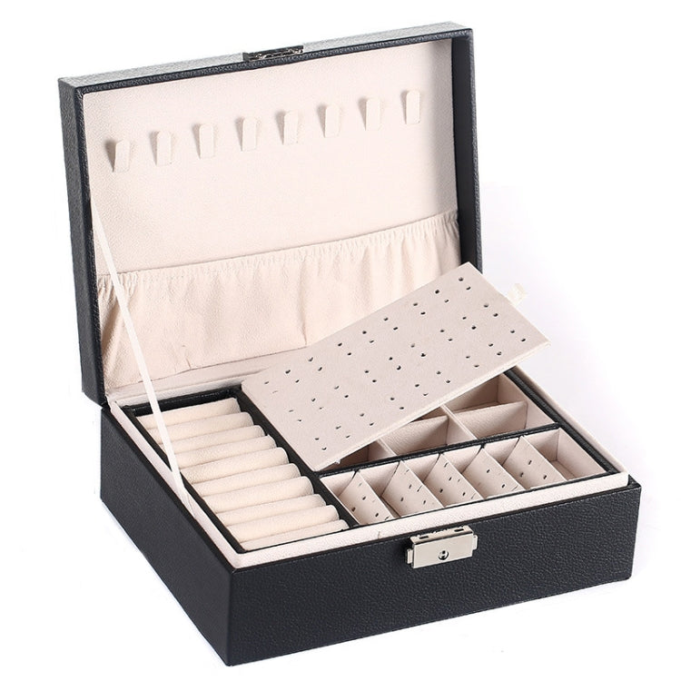 Simple Double-Layered Wooden Leather Jewelry Box With Lock Earrings Jewelry Box