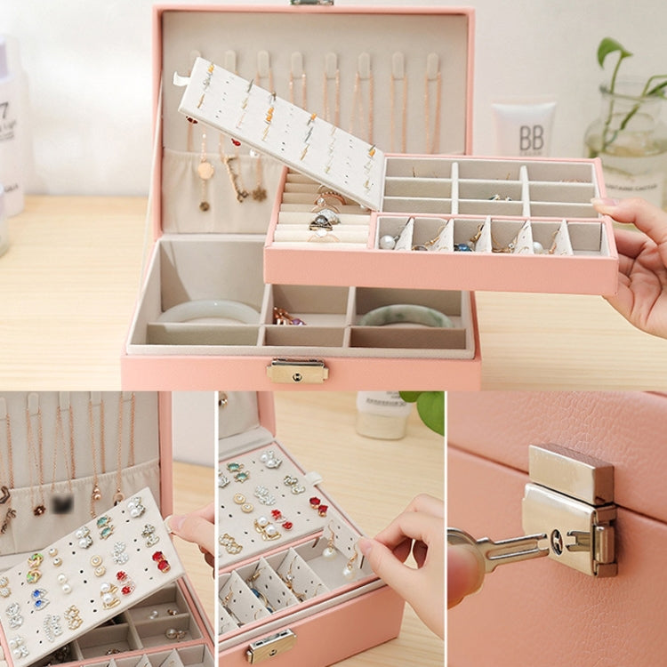 Simple Double-Layered Wooden Leather Jewelry Box With Lock Earrings Jewelry Box
