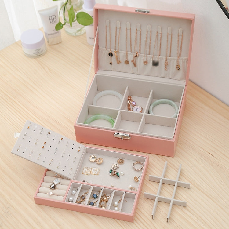 Simple Double-Layered Wooden Leather Jewelry Box With Lock Earrings Jewelry Box
