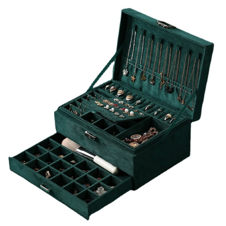 Three Layers Retro Flannel Earrings Ring Necklace Jewelry Storage Box, Specification: 24 x17 x 11cm(Ink Green)