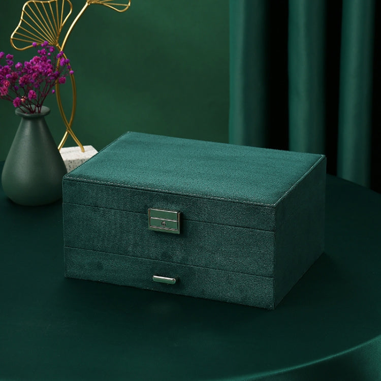 Three Layers Retro Flannel Earrings Ring Necklace Jewelry Storage Box, Specification: 24 x17 x 11cm(Ink Green)