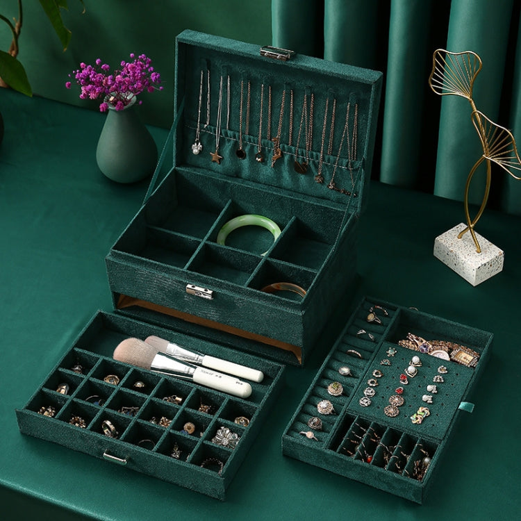 Three Layers Retro Flannel Earrings Ring Necklace Jewelry Storage Box, Specification: 24 x17 x 11cm(Ink Green)