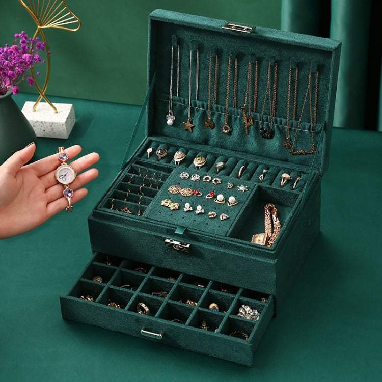 Three Layers Retro Flannel Earrings Ring Necklace Jewelry Storage Box, Specification: 24 x17 x 11cm(Ink Green)