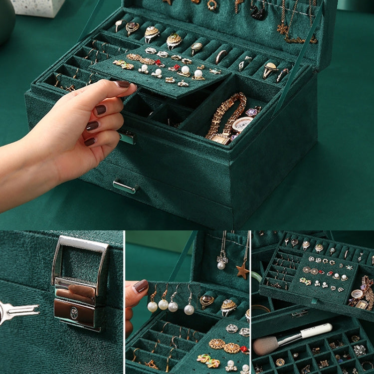 Three Layers Retro Flannel Earrings Ring Necklace Jewelry Storage Box, Specification: 24 x17 x 11cm(Ink Green)