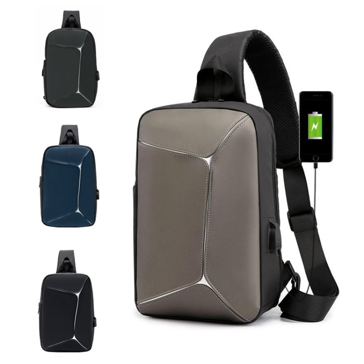 Men Sports Shoulder Chest Bag Stitching Waterproof Crossbody Bag with External USB Port