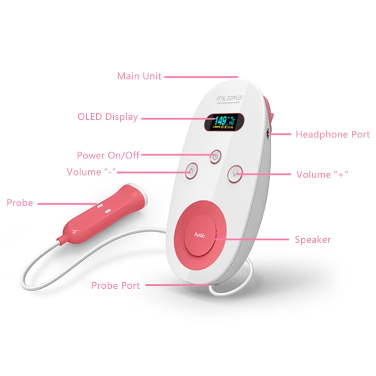 C102T9 Doppler Fetal Heart Rate Monitor OLED Dual-Color Display Noise Reduction Non-Radiation Multifunctional Fetal Heartbeat(Neutral English)