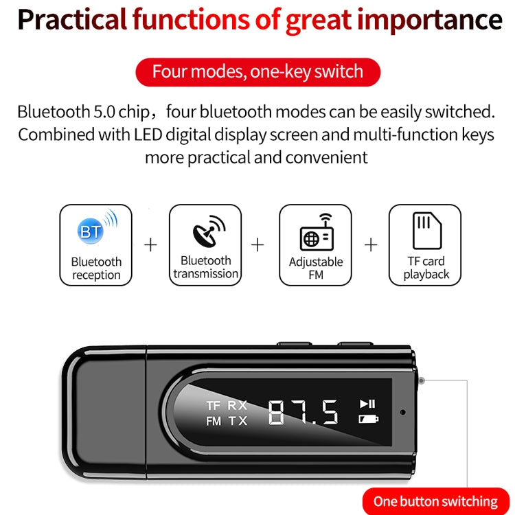 K9 USB Car Bluetooth 5.0 Adapter Receiver FM + AUX Audio Dual Output Stereo Transmitter (Black)