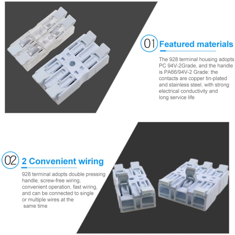 10 PCS Fast Terminal Block 2P Dual Pressing Terminal Connector Spring-Type Un-Lock Screw Connector, Specification: 928-3 White Wide