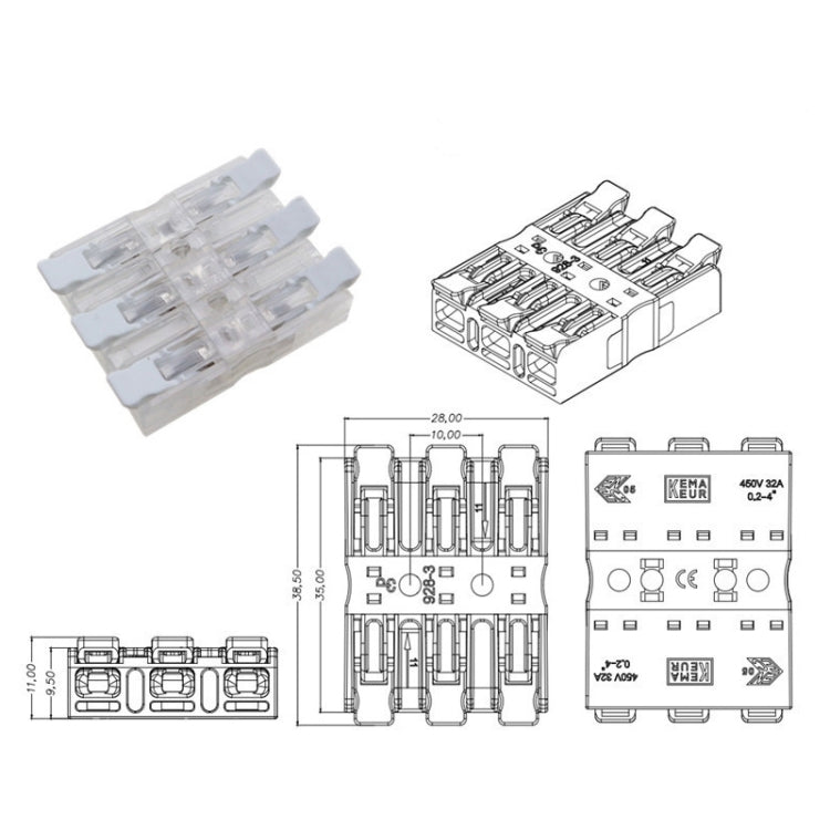10 PCS Fast Terminal Block 2P Dual Pressing Terminal Connector Spring-Type Un-Lock Screw Connector, Specification: 928-3 Transparent Wide