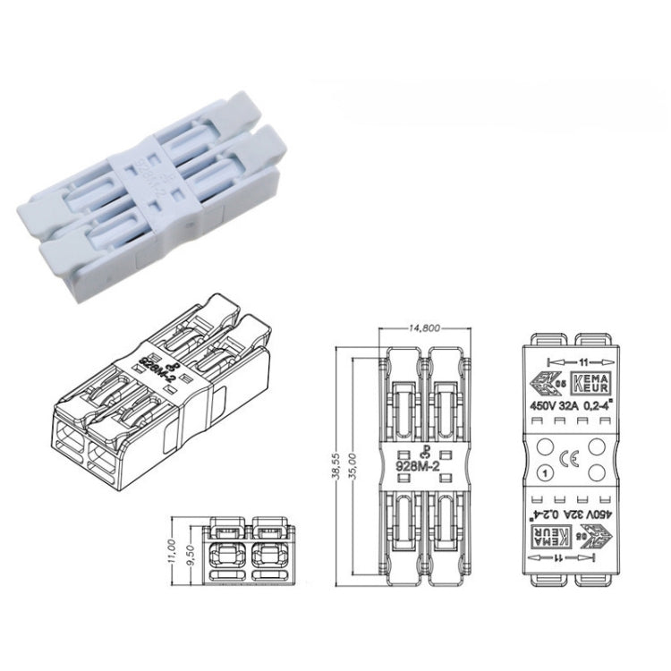 10 PCS Fast Terminal Block 2P Dual Pressing Terminal Connector Spring-Type Un-Lock Screw Connector, Specification: 928-M2 White Narrow