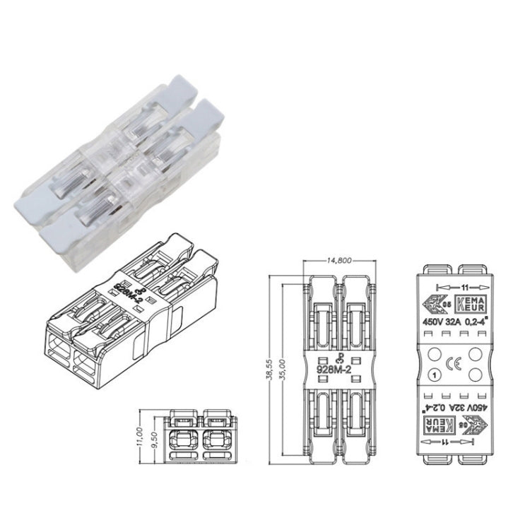 10 PCS Fast Terminal Block 2P Dual Pressing Terminal Connector Spring-Type Un-Lock Screw Connector, Specification: 928-M2 Transparent Narrow