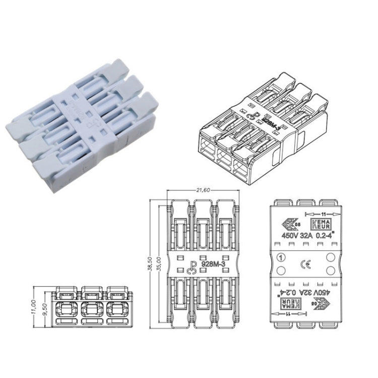 10 PCS Fast Terminal Block 2P Dual Pressing Terminal Connector Spring-Type Un-Lock Screw Connector, Specification: 928-M3 White Narrow