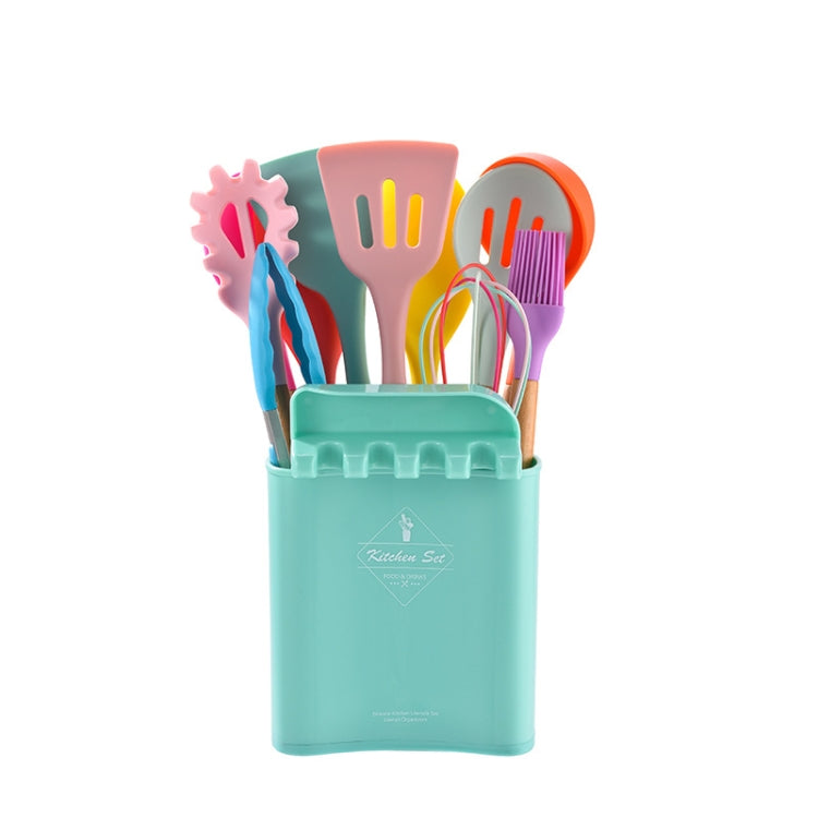 KU349 13 In 1 Storage Barreled Wooden Handle Silicone Kitchenware Set Non-Stick Cooking Spoon Shovel Kitchen Rack
