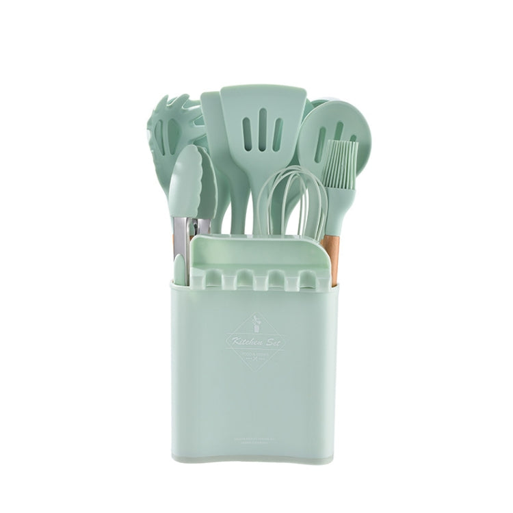 KU349 13 In 1 Storage Barreled Wooden Handle Silicone Kitchenware Set Non-Stick Cooking Spoon Shovel Kitchen Rack
