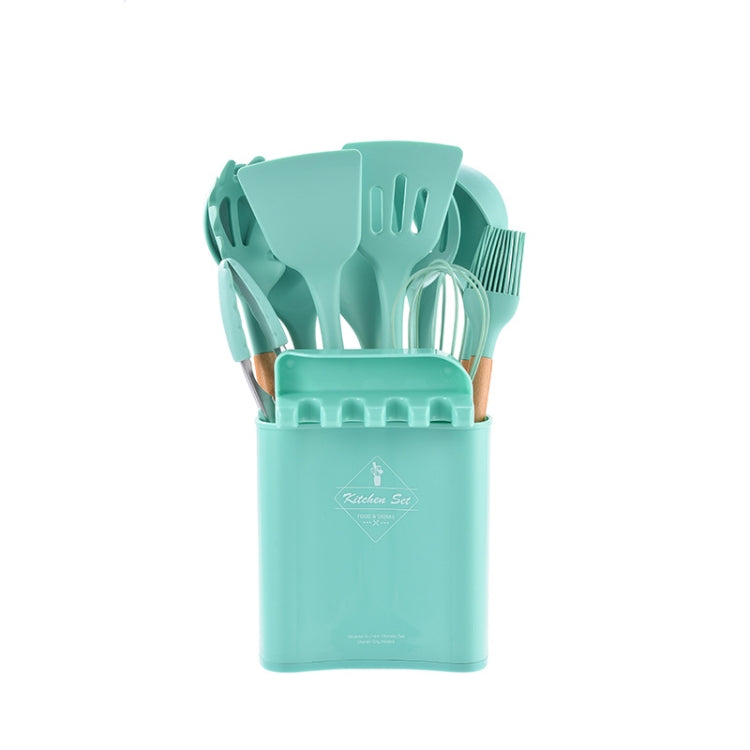 KU349 13 In 1 Storage Barreled Wooden Handle Silicone Kitchenware Set Non-Stick Cooking Spoon Shovel Kitchen Rack