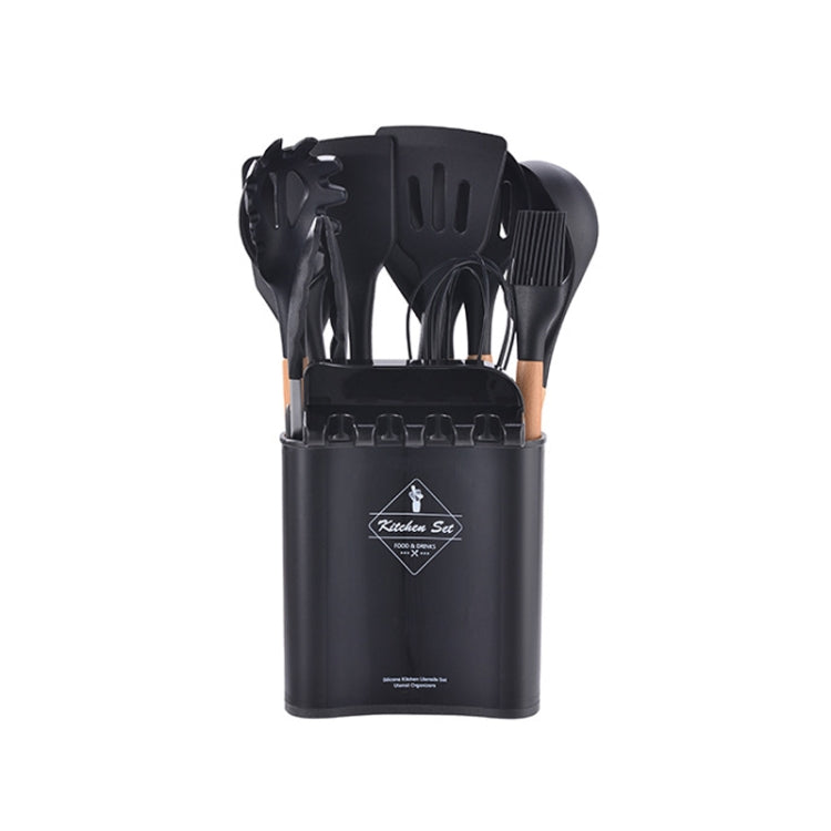 KU349 13 In 1 Storage Barreled Wooden Handle Silicone Kitchenware Set Non-Stick Cooking Spoon Shovel Kitchen Rack