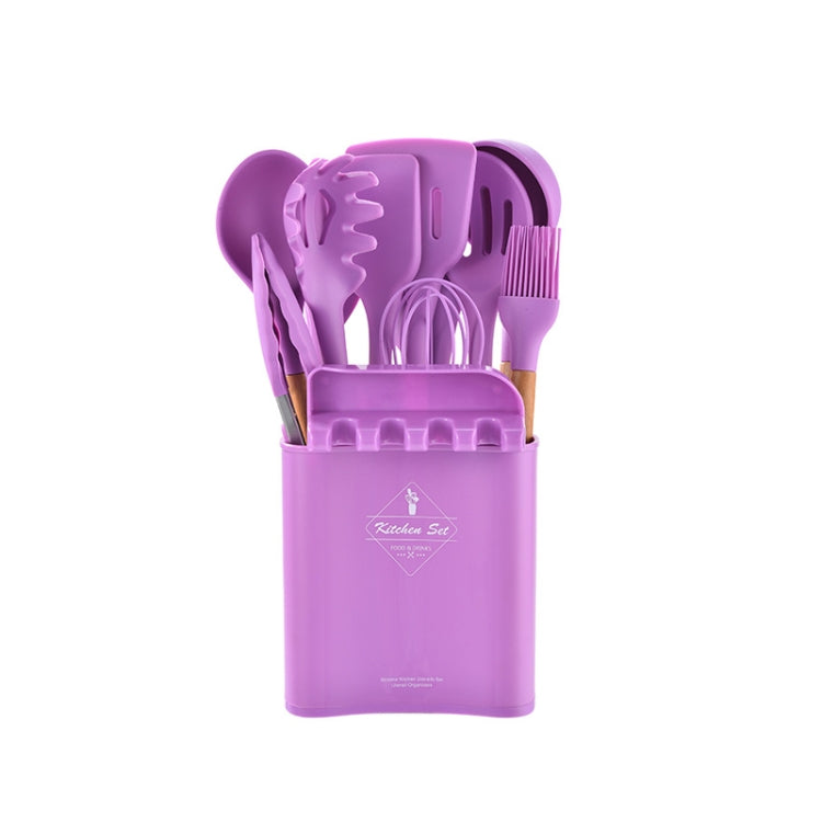 KU349 13 In 1 Storage Barreled Wooden Handle Silicone Kitchenware Set Non-Stick Cooking Spoon Shovel Kitchen Rack