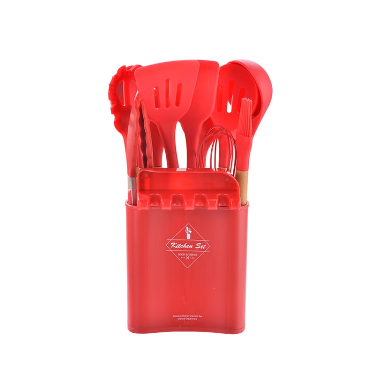 KU349 13 In 1 Storage Barreled Wooden Handle Silicone Kitchenware Set Non-Stick Cooking Spoon Shovel Kitchen Rack