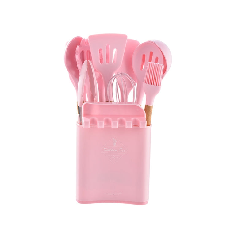 KU349 13 In 1 Storage Barreled Wooden Handle Silicone Kitchenware Set Non-Stick Cooking Spoon Shovel Kitchen Rack