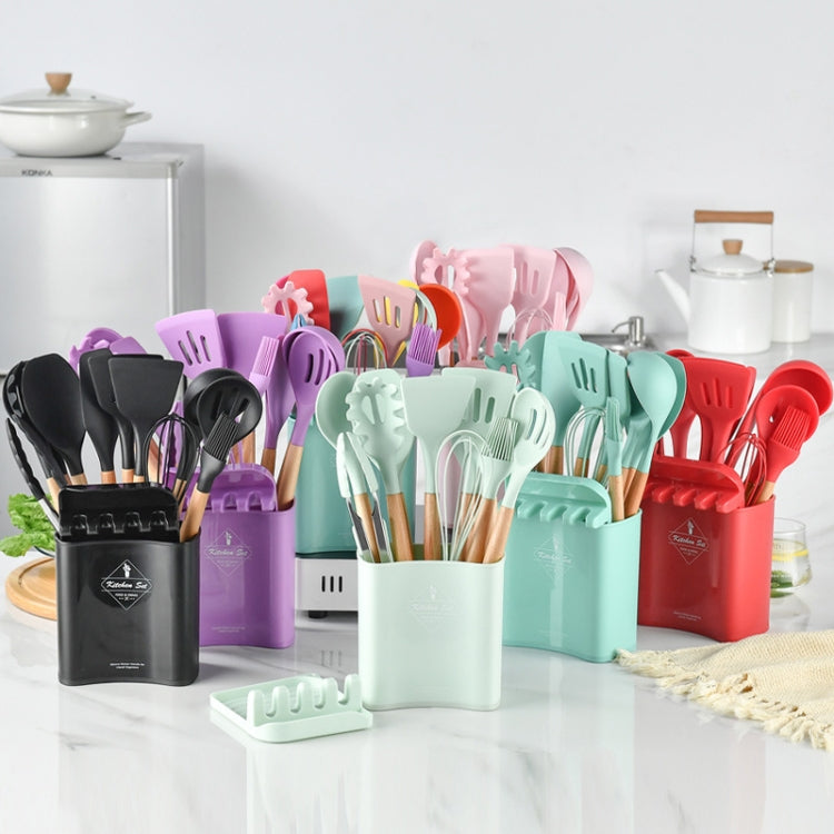KU349 13 In 1 Storage Barreled Wooden Handle Silicone Kitchenware Set Non-Stick Cooking Spoon Shovel Kitchen Rack