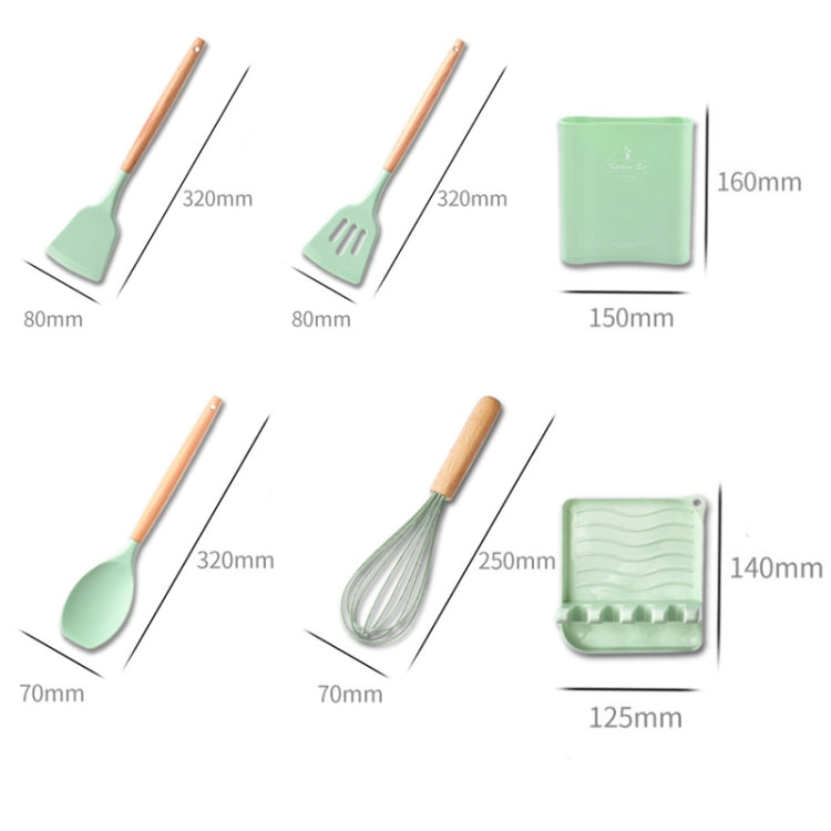 KU349 13 In 1 Storage Barreled Wooden Handle Silicone Kitchenware Set Non-Stick Cooking Spoon Shovel Kitchen Rack