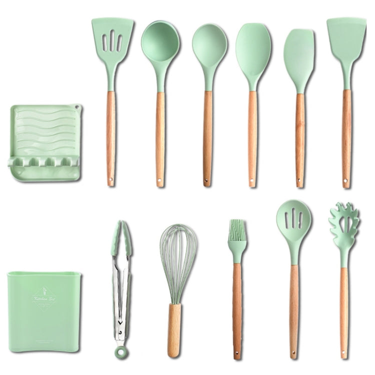 KU349 13 In 1 Storage Barreled Wooden Handle Silicone Kitchenware Set Non-Stick Cooking Spoon Shovel Kitchen Rack