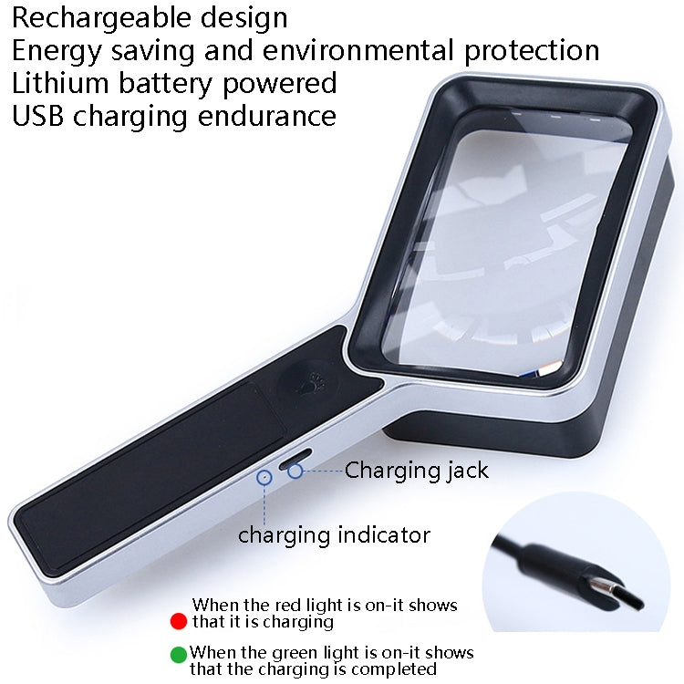 Handheld Rectangular Magnifying Mirror 6LED Light USB Charging 3 Port Lighting Brightness Magnifying Glass(XT-8021-1)