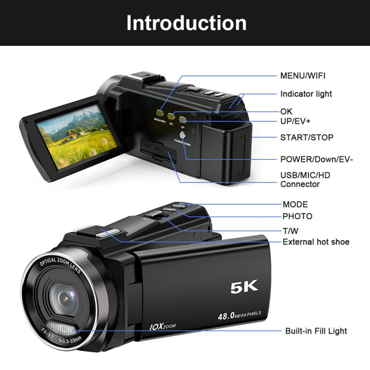 HDV265K 5K 30FPS 3.0-Inch HD Digital 3X Optical Zoom Outdoor Sports DV Camera AU Plug - Black