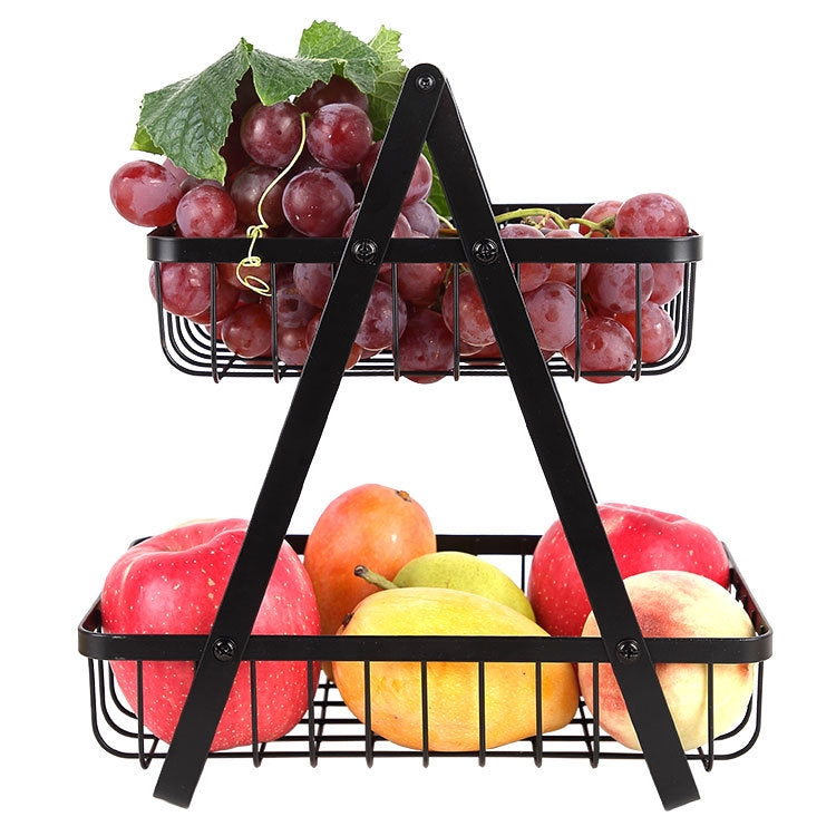 Double-Layer Portable Wrought Iron Basket Foldable Kitchen Storage Basket Shelf Fruit Basket