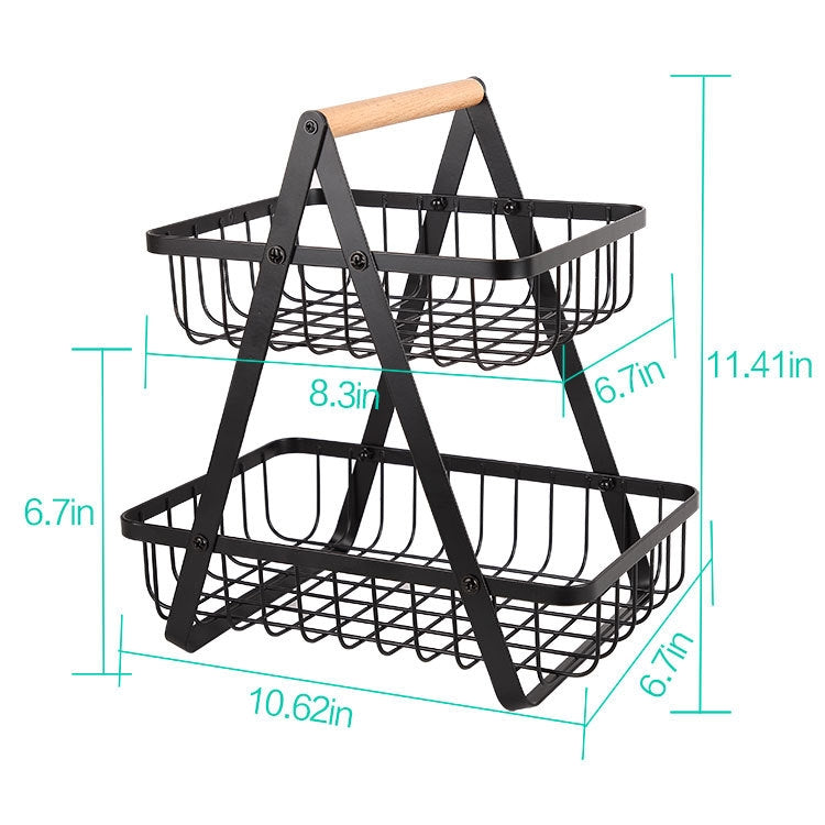 Double-Layer Portable Wrought Iron Basket Foldable Kitchen Storage Basket Shelf Fruit Basket