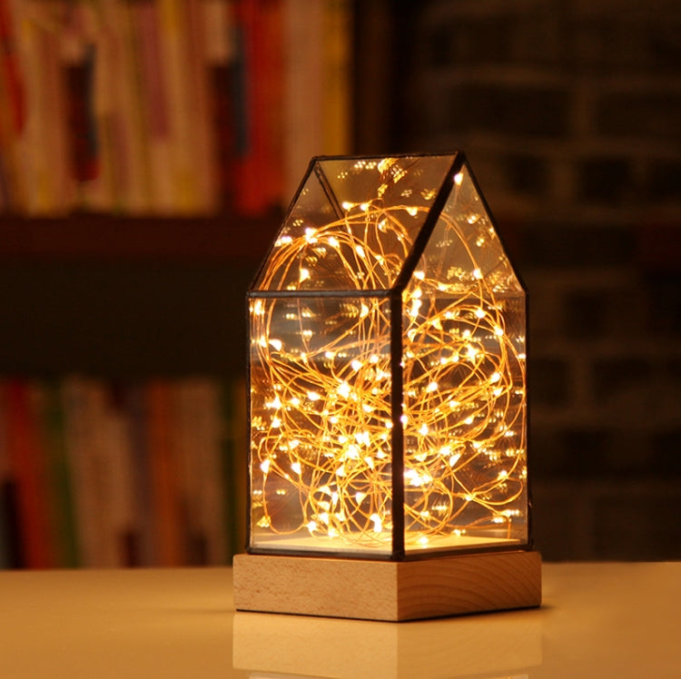 Fireworks Glass Lampshade Wooden Base 100 LEDs Night Light Birthday Christmas Gift, Spec: Button Switch(Firefly House)