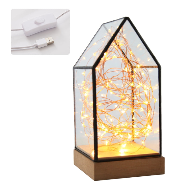 Fireworks Glass Lampshade Wooden Base 100 LEDs Night Light Birthday Christmas Gift, Spec: Button Switch(Firefly House)