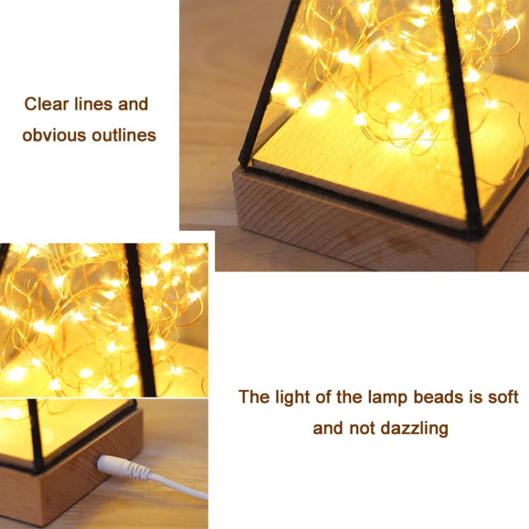 Fireworks 3D Triangle Glass Lampshade Wooden Base Night Light Birthday Christmas Gift, Spec:  Button Switch(Pyramid)