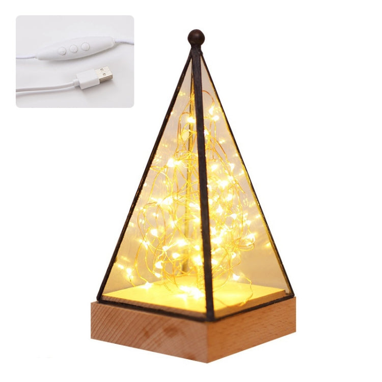 Fireworks 3D Triangle Glass Lampshade Wooden Base Night Light Birthday Christmas Gift, Spec: Dimming Switch(Pyramid)