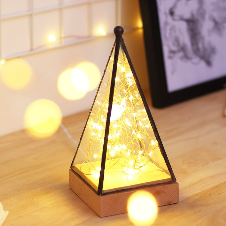 Fireworks 3D Triangle Glass Lampshade Wooden Base Night Light Birthday Christmas Gift, Spec: Dimming Switch(Pyramid)