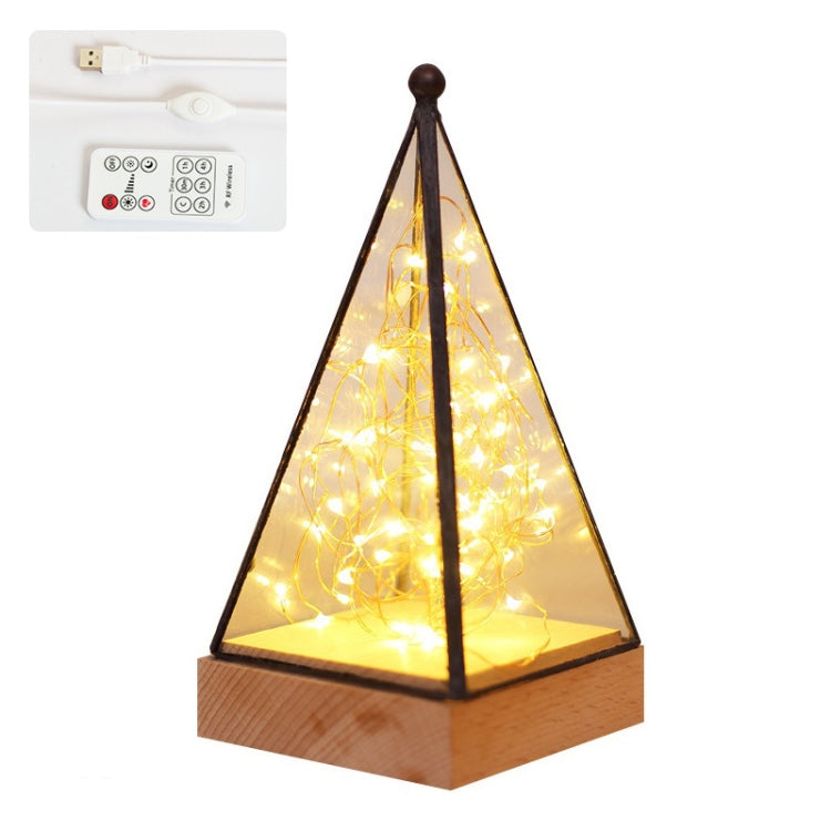 Fireworks 3D Triangle Glass Lampshade Wooden Base Night Light Birthday Christmas Gift, Spec: Remote+Wired Control(Pyramid)