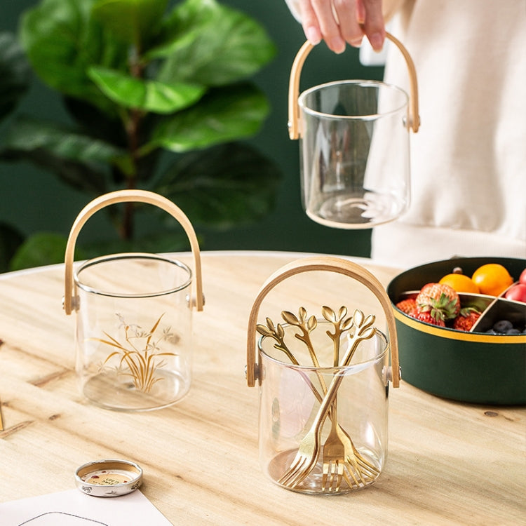 Glass Storage Basket With Wooden Handle Household Dessert Jar, Colour: Transparent
