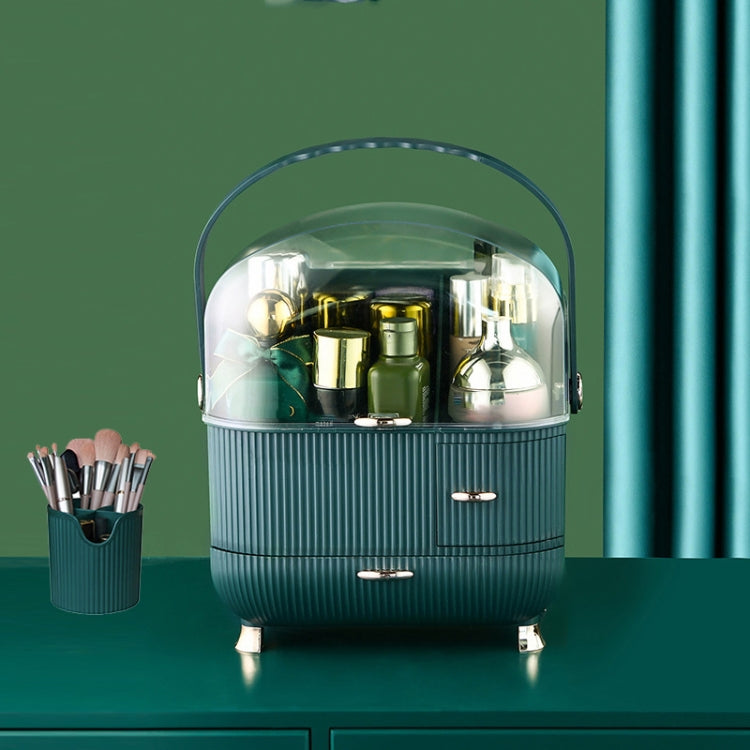 Cosmetic Storage Box Household Desktop Dustproof Large-Capacity Lipstick Skin Care Product Rack, Colour: Green + Pen Brush
