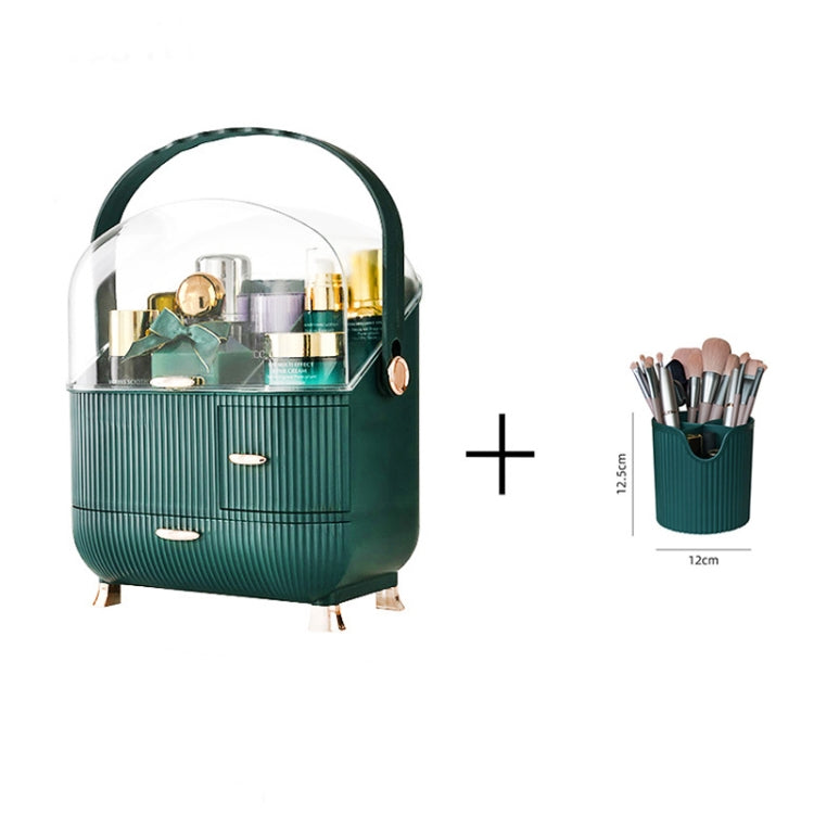 Cosmetic Storage Box Household Desktop Dustproof Large-Capacity Lipstick Skin Care Product Rack, Colour: Green + Pen Brush