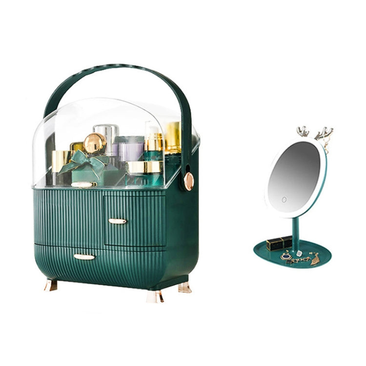 Cosmetic Storage Box Household Desktop Dustproof Large-Capacity Lipstick Skin Care Product Rack, Colour: Green + Mirror