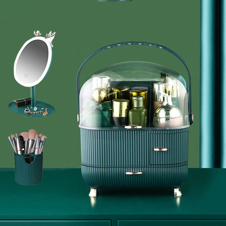 Cosmetic Storage Box Household Desktop Dustproof Large-Capacity Lipstick Skin Care Product Rack, Colour: Green + Pen Brush + Mirror